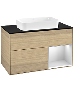 Villeroy und Boch Finion Waschtischunterschrank F252MTPC 100x60,3cm, Abdeckplatte black matt, Regal rechts White matt lacquer, Oak Veneer