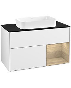 Villeroy und Boch Finion Waschtischunterschrank F252PCGF 100x60,3cm, Abdeckplatte black matt, Regal rechts Oak Veneer, Glossy white lacquer