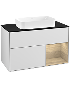 Villeroy und Boch Finion Waschtischunterschrank F252PCMT 100x60,3cm, Abdeckplatte black matt, Regal rechts Oak Veneer, White matt lacquer