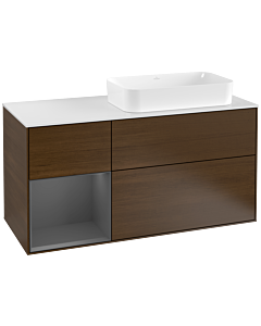 Villeroy und Boch Finion Waschtischunterschrank F271GKGN 120cm, Abdeckplatte white matt, Regal links Anthracite matt, Walnut veneer