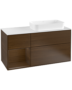 Villeroy und Boch Finion Waschtischunterschrank F271GNGN 120cm, Abdeckplatte white matt, Regal links Walnut veneer, Walnut veneer