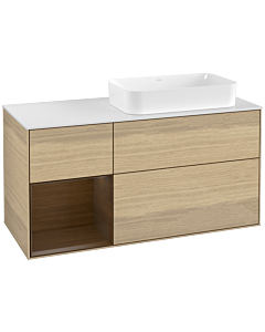Villeroy und Boch Finion Waschtischunterschrank F271GNPC 120cm, Abdeckplatte white matt, Regal links Walnut veneer, Oak Veneer