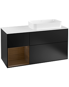 Villeroy und Boch Finion Waschtischunterschrank F271GNPD 120cm, Abdeckplatte white matt, Regal links Walnut veneer, Black matt lacquer