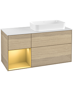 Villeroy und Boch Finion Waschtischunterschrank F271HFPC 120cm, Abdeckplatte white matt, Regal links Gold matt, Oak Veneer