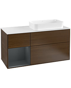 Villeroy und Boch Finion Waschtischunterschrank F271HGGN 120cm, Abdeckplatte white matt, Regal links Midnight Blue Matt Lacquer, Walnut veneer