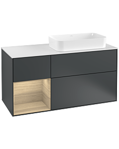 Villeroy und Boch Finion Waschtischunterschrank F271PCHG 120cm, Abdeckplatte white matt, Regal links Oak Veneer, Midnight Blue Matt Lacquer