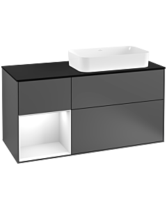 Villeroy und Boch Finion Waschtischunterschrank F272GFGK 120cm, Abdeckplatte black matt, Regal links Glossy white lacquer, Anthracite matt