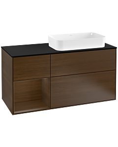 Villeroy und Boch Finion Waschtischunterschrank F272GNGN 120cm, Abdeckplatte black matt, Regal links Walnut veneer, Walnut veneer