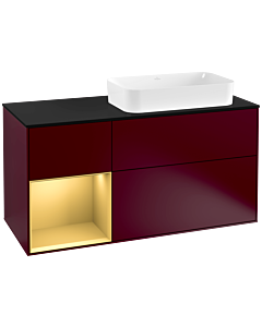 Villeroy und Boch Finion Waschtischunterschrank F272HFHB 120cm, Abdeckplatte black matt, Regal links Gold matt, Peony Matt