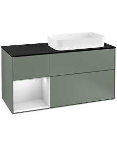 Villeroy und Boch Finion Waschtischunterschrank F272MTGM 120cm, Abdeckplatte black matt, Regal links White matt lacquer, Olive Matt Lacquer