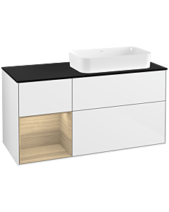 Villeroy und Boch Finion Waschtischunterschrank F272PCGF 120cm, Abdeckplatte black matt, Regal links Oak Veneer, Glossy white lacquer