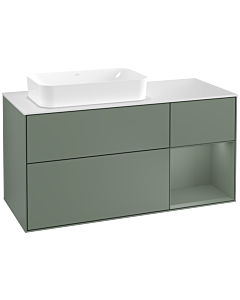 Villeroy und Boch Finion Waschtischunterschrank F281GMGM 120cm, Abdeckplatte white matt, Regal rechts Olive Matt Lacquer, Olive Matt Lacquer
