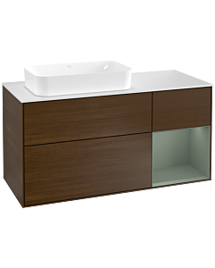 Villeroy und Boch Finion Waschtischunterschrank F281GMGN 120cm, Abdeckplatte white matt, Regal rechts Olive Matt Lacquer, Walnut veneer