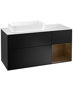 Villeroy und Boch Finion Waschtischunterschrank F281GNPD 120cm, Abdeckplatte white matt, Regal rechts Walnut veneer, Black matt lacquer