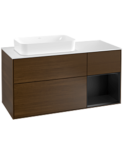 Villeroy und Boch Finion Waschtischunterschrank F281PDGN 120cm, Abdeckplatte white matt, Regal rechts Black matt lacquer, Walnut veneer