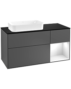 Villeroy und Boch Finion Waschtischunterschrank F282GFGK 120cm, Abdeckplatte black matt, Regal rechts Glossy white lacquer, Anthracite matt