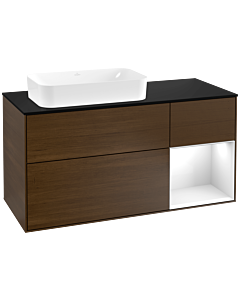 Villeroy und Boch Finion Waschtischunterschrank F282GFGN 120cm, Abdeckplatte black matt, Regal rechts Glossy white lacquer, Walnut veneer