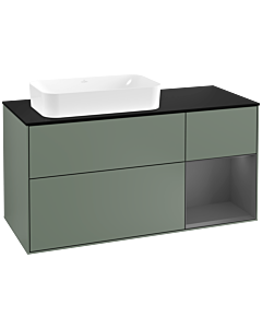 Villeroy und Boch Finion Waschtischunterschrank F282GKGM 120cm, Abdeckplatte black matt, Regal rechts Anthracite matt, Olive Matt Lacquer