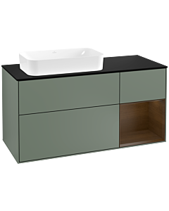 Villeroy und Boch Finion Waschtischunterschrank F282GNGM 120cm, Abdeckplatte black matt, Regal rechts Walnut veneer, Olive Matt Lacquer