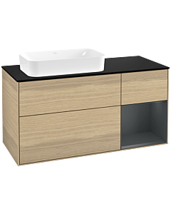 Villeroy und Boch Finion Waschtischunterschrank F282HGPC 120cm, Abdeckplatte black matt, Regal rechts Midnight Blue Matt Lacquer, Oak Veneer