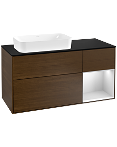 Villeroy und Boch Finion Waschtischunterschrank F282MTGN 120cm, Abdeckplatte black matt, Regal rechts White matt lacquer, Walnut veneer