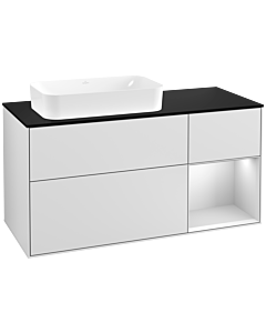 Villeroy und Boch Finion Villeroy und Boch F282MTMT 120cm, couvercle noir mat, étagère à droite laqué blanc mat, laqué blanc mat