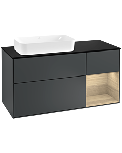 Villeroy und Boch Finion Waschtischunterschrank F282PCHG 120cm, Abdeckplatte black matt, Regal rechts Oak Veneer, Midnight Blue Matt Lacquer