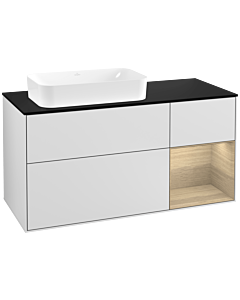 Villeroy und Boch Finion Waschtischunterschrank F282PCMT 120cm, Abdeckplatte black matt, Regal rechts Oak Veneer, White matt lacquer