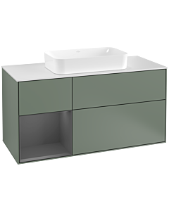 Villeroy und Boch Finion Waschtischunterschrank F291GKGM 120cm, Abdeckplatte white matt, Regal links Anthracite matt, Olive Matt Lacquer