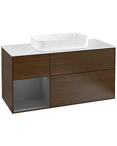 Villeroy und Boch Finion Waschtischunterschrank F291GKGN 120cm, Abdeckplatte white matt, Regal links Anthracite matt, Walnut veneer
