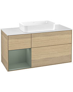 Villeroy und Boch Finion Villeroy und Boch F291GMPC 120cm, plaque de finition blanc mat, étagère à gauche Olive Matt Lacquer , Oak Veneer