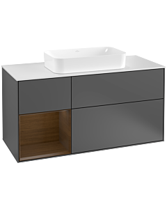 Villeroy und Boch Finion Waschtischunterschrank F291GNGK 120cm, Abdeckplatte white matt, Regal links Walnut veneer, Anthracite matt
