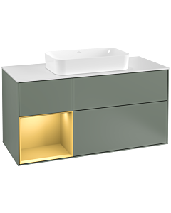 Villeroy und Boch Finion Waschtischunterschrank F291HFGM 120cm, Abdeckplatte white matt, Regal links Gold matt, Olive Matt Lacquer
