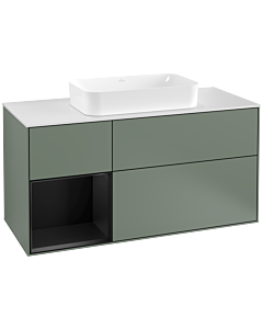 Villeroy und Boch Finion Waschtischunterschrank F291PDGM 120cm, Abdeckplatte white matt, Regal links Black matt lacquer, Olive Matt Lacquer