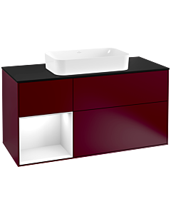 Villeroy und Boch Finion Waschtischunterschrank F292GFHB 120cm, Abdeckplatte black matt, Regal links Glossy white lacquer, Peony Matt