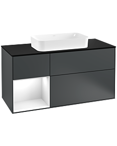 Villeroy und Boch Finion Waschtischunterschrank F292GFHG 120cm, Abdeckplatte black matt, Regal links Glossy white lacquer, Midnight Blue Matt Lacquer