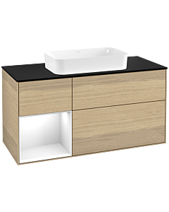 Villeroy und Boch Finion Villeroy und Boch F292GFPC 120cm, plaque de finition noir mat, étagère gauche laqué blanc brillant, Oak Veneer