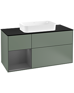 Villeroy und Boch Finion Waschtischunterschrank F292GKGM 120cm, Abdeckplatte black matt, Regal links Anthracite matt, Olive Matt Lacquer