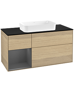 Villeroy und Boch Finion Waschtischunterschrank F292GKPC 120cm, Abdeckplatte black matt, Regal links Anthracite matt, Oak Veneer
