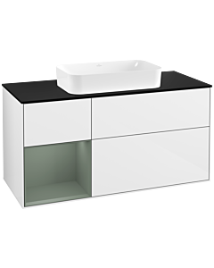 Villeroy und Boch Finion Waschtischunterschrank F292GMGF 120cm, Abdeckplatte black matt, Regal links Olive Matt Lacquer, Glossy white lacquer