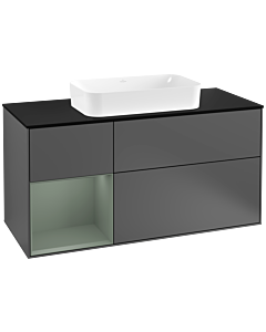 Villeroy und Boch Finion Waschtischunterschrank F292GMGK 120cm, Abdeckplatte black matt, Regal links Olive Matt Lacquer, Anthracite matt