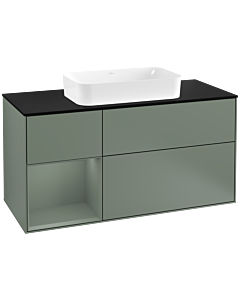 Villeroy und Boch Finion Waschtischunterschrank F292GMGM 120cm, Abdeckplatte black matt, Regal links Olive Matt Lacquer, Olive Matt Lacquer