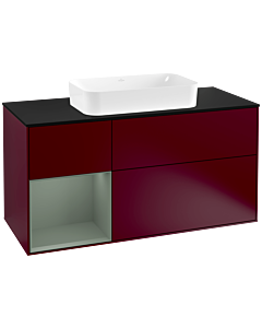 Villeroy und Boch Finion Waschtischunterschrank F292GMHB 120cm, Abdeckplatte black matt, Regal links Olive Matt Lacquer, Peony Matt