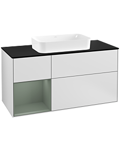 Villeroy und Boch Finion Waschtischunterschrank F292GMMT 120cm, Abdeckplatte black matt, Regal links Olive Matt Lacquer, White matt lacquer