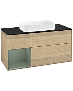 Villeroy und Boch Finion Waschtischunterschrank F292GMPC 120cm, Abdeckplatte black matt, Regal links Olive Matt Lacquer, Oak Veneer