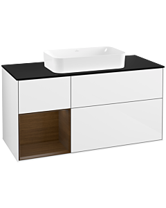 Villeroy und Boch Finion Waschtischunterschrank F292GNGF 120cm, Abdeckplatte black matt, Regal links Walnut veneer, Glossy white lacquer