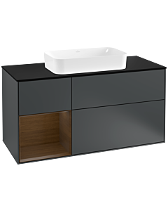 Villeroy und Boch Finion Waschtischunterschrank F292GNHG 120cm, Abdeckplatte black matt, Regal links Walnut veneer, Midnight Blue Matt Lacquer