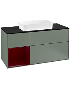 Villeroy und Boch Finion Waschtischunterschrank F292HBGM 120cm, Abdeckplatte black matt, Regal links Peony, Olive Matt Lacquer