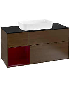Villeroy und Boch Finion Waschtischunterschrank F292HBGN 120cm, Abdeckplatte black matt, Regal links Peony, Walnut veneer