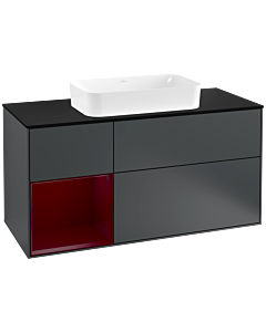 Villeroy und Boch Finion Waschtischunterschrank F292HBHG 120cm, Abdeckplatte black matt, Regal links Peony, Midnight Blue Matt Lacquer